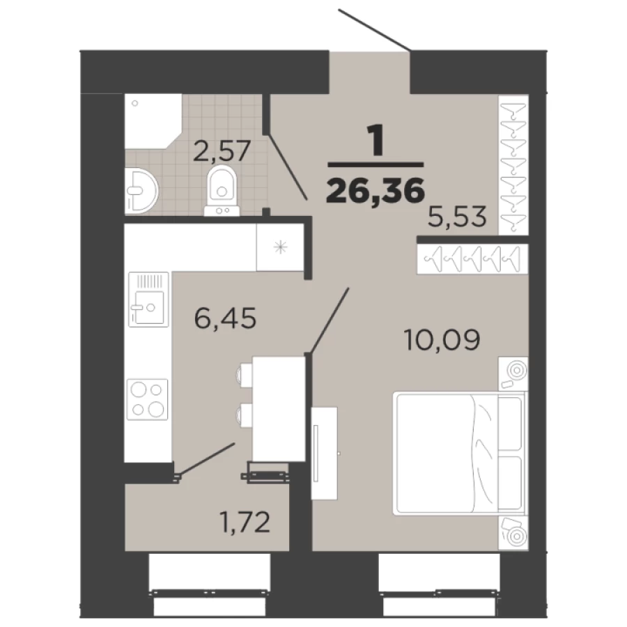 1-ая квартира площадью 26.36 м2 с просторной прихожей